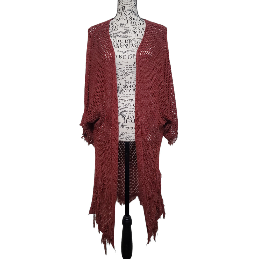 Dee Elly Burnt Orange Brown Crochet Cover Up Kimono Wrap Festival Fringe Small